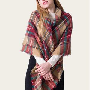 Tartan Woven Plaid Red Tan and Green Plush Blanket Scarf‎ Long Shawl